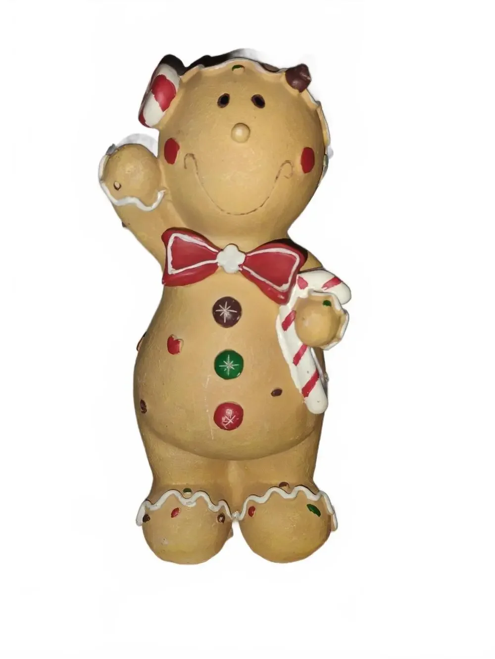 Gingerbread Man Holiday Figurine with Candy Cane and Red Bow